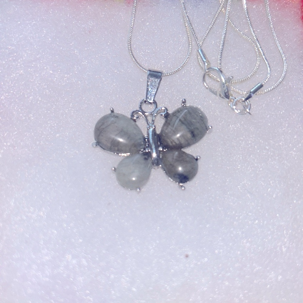 Boho hippie Rainbow Moonstone Butterfly Sterling Silver 24” Necklace